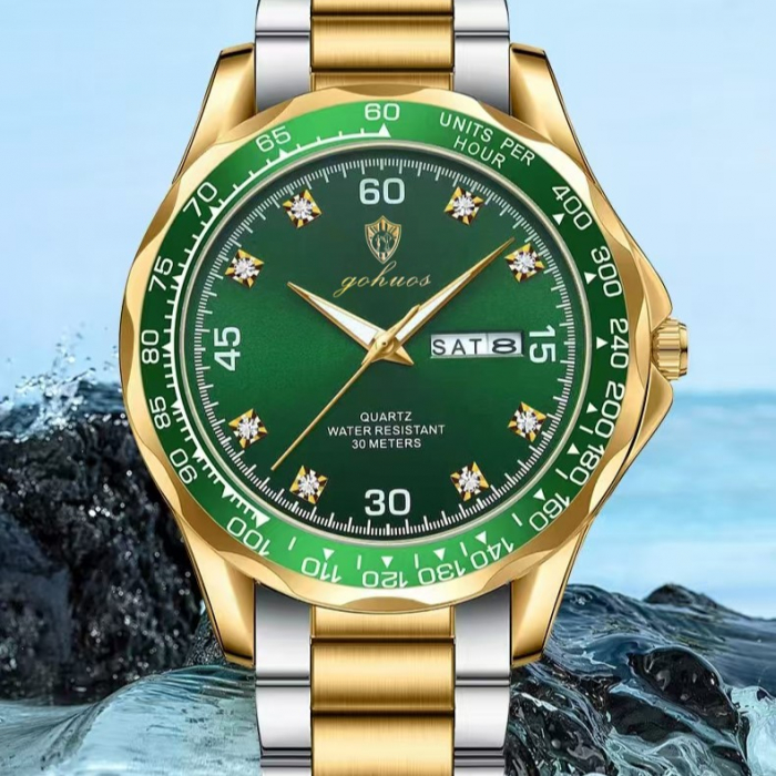 Gohuos, Ceas barbatesc de mana, Quartz, Casual, Data, Zilele saptamanii, Otel, Argintiu Verde [6]