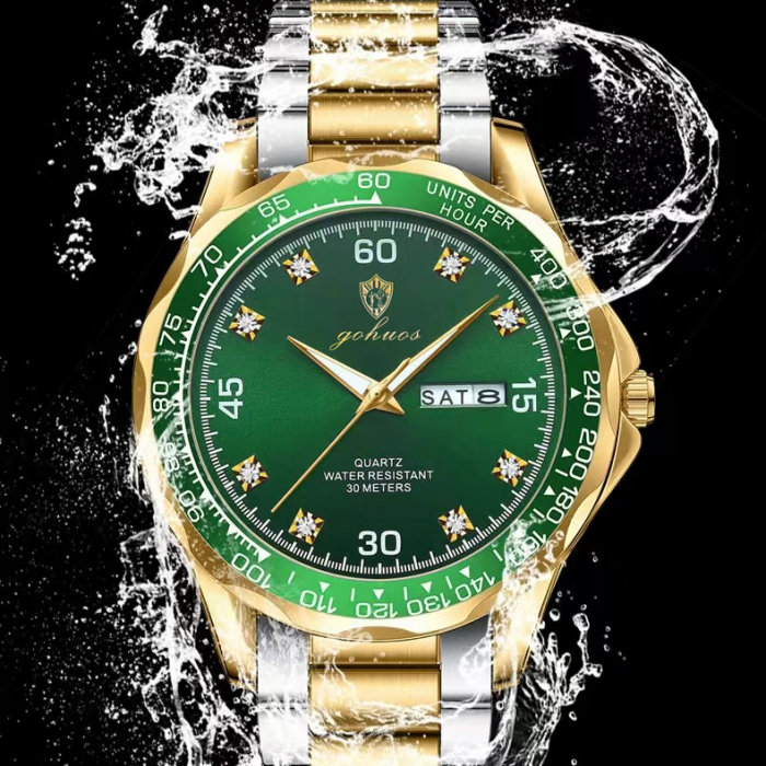 Gohuos, Ceas barbatesc de mana, Quartz, Casual, Data, Zilele saptamanii, Otel, Argintiu Verde [4]