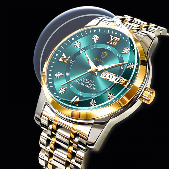 Gohuos, Ceas barbatesc, Quartz, Fashion, Afisare ora, Data, Zilele saptamanii, Otel, Argintiu Auriu Verde [4]