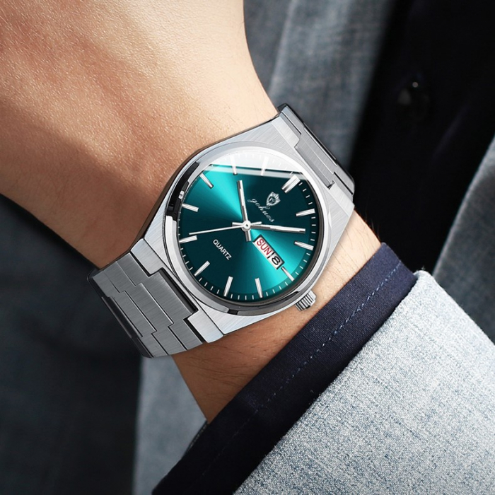 Gohuos, Ceas barbati de mana, Casual, Quartz, Data, Zilele saptamanii, Otel, Argintiu Albastru [6]