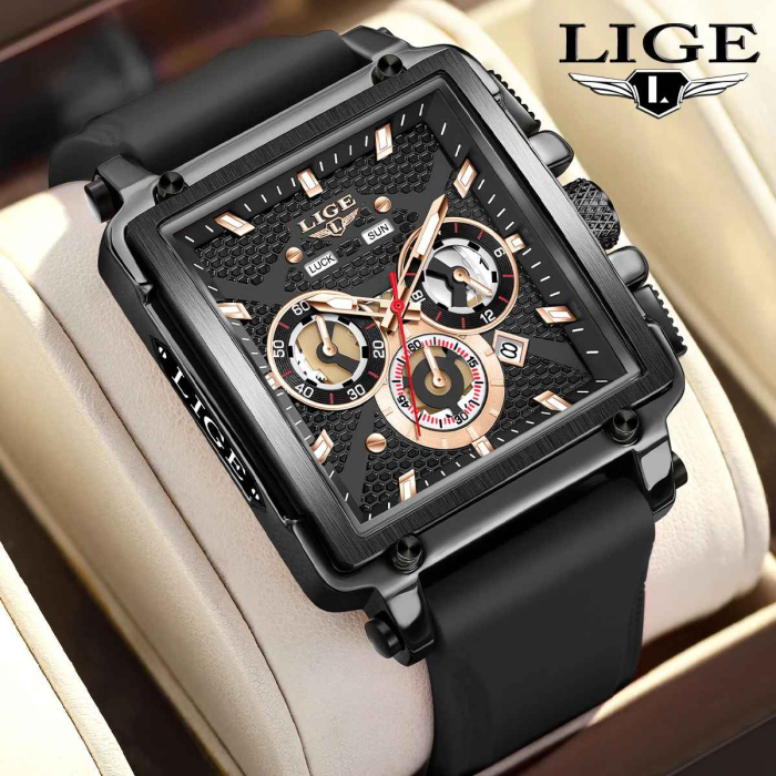 LIGE 89217 Ceas Bărbați Quartz, Square Design, Silicon Strap, Luminous, Calendar, Waterproof 3ATM, Sport & Casual [7]