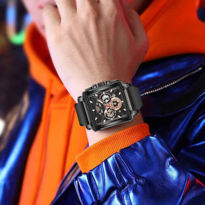 LIGE 89217 Ceas Bărbați Quartz, Square Design, Silicon Strap, Luminous, Calendar, Waterproof 3ATM, Sport & Casual [6]