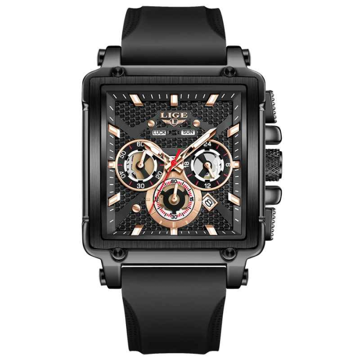 LIGE 89217 Ceas Bărbați Quartz, Square Design, Silicon Strap, Luminous, Calendar, Waterproof 3ATM, Sport & Casual [1]