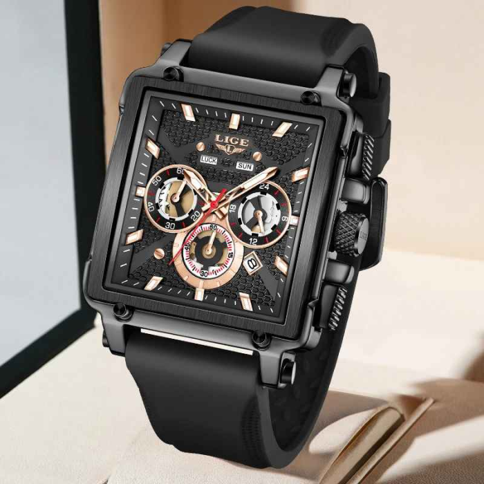LIGE 89217 Ceas Bărbați Quartz, Square Design, Silicon Strap, Luminous, Calendar, Waterproof 3ATM, Sport & Casual [2]