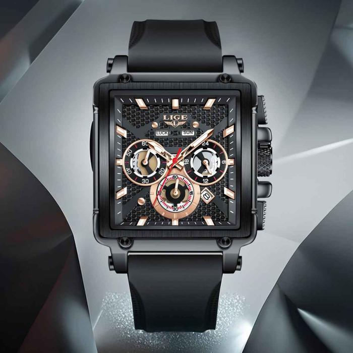LIGE 89217 Ceas Bărbați Quartz, Square Design, Silicon Strap, Luminous, Calendar, Waterproof 3ATM, Sport & Casual [5]