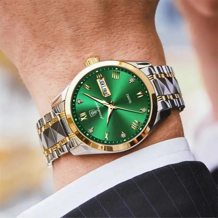 Poedagar Ceas barbatesc Fashion Quartz Analog Casual Indici Luminosi Auriu Verde [2]
