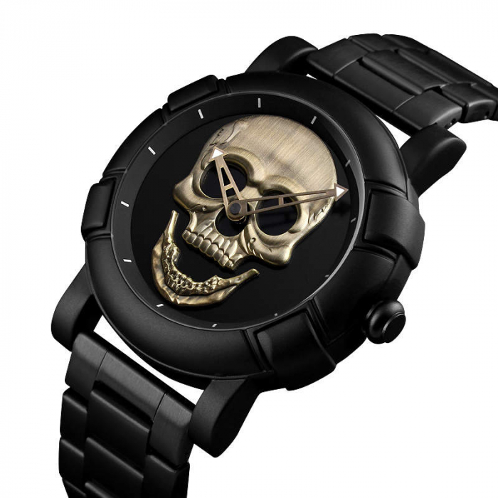 Skmei Ceas barbatesc Craniu Auriu Quartz Analogic Otel Negru [2]