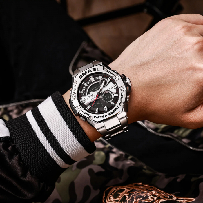 Smael Ceas barbatesc de mana Cronograf Casual Fashion Led Stil Army Militar Argintiu [3]
