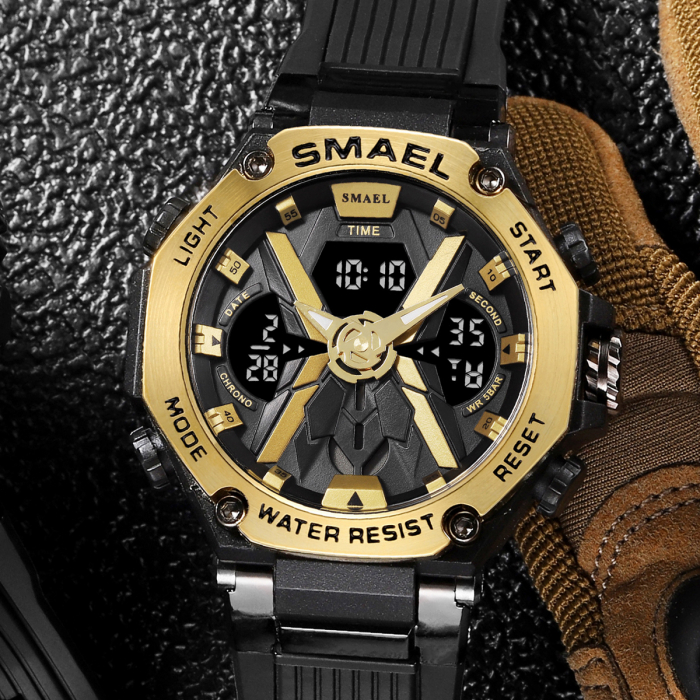 Smael Ceas barbatesc Sport Dual time Cronograf Stil Army Militar  Multifunctional Negru Auriu [2]