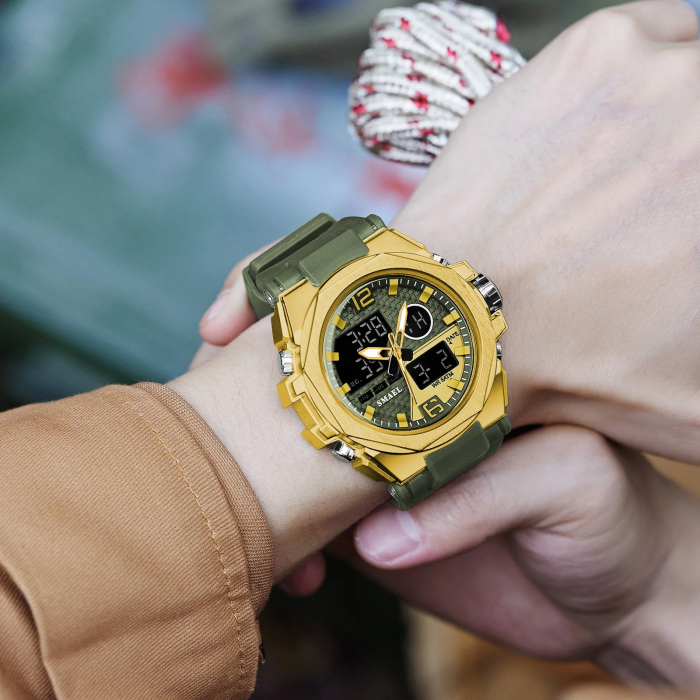 Smael Ceas barbatesc de mana Sport Dual time Led Cronograf Stil Army Militar Multifunctional Auriu Verde [3]