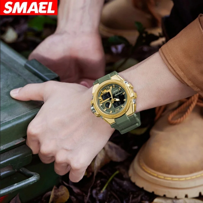 Smael Ceas barbatesc de mana Sport Dual time Led Cronograf Stil Army Militar Multifunctional Auriu Verde [5]
