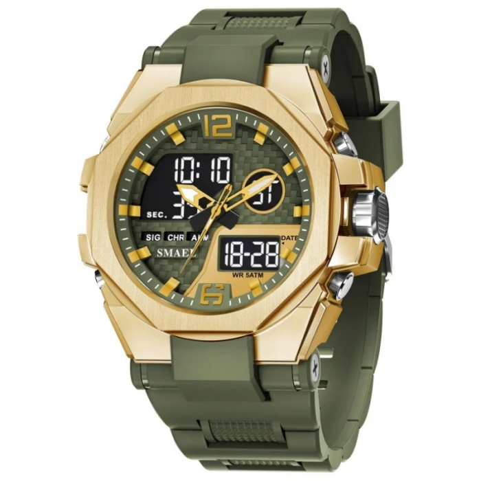 Smael Ceas barbatesc de mana Sport Dual time Led Cronograf Stil Army Militar Multifunctional Auriu Verde [6]