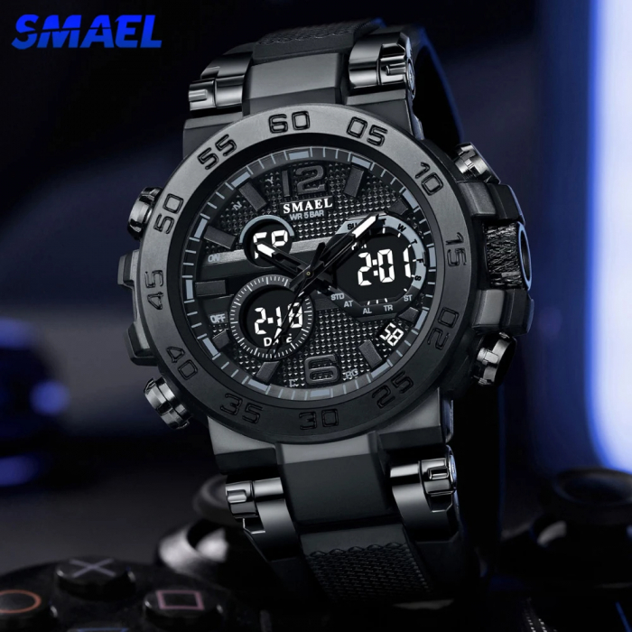 Smael Ceas barbati de mana Cronograf Sport Stil Army Militar Dual Time Cronometru Alarma Negru [2]