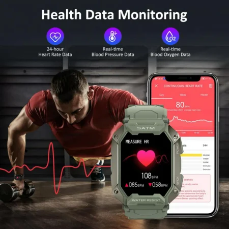 Smartwatch Tio Fitness Tracker Stil Militar Rezistenta la apa IP68 Inot Bataile inimii Monitorizeaza Oxigen din sange 24 Sporturi Army Verde [4]