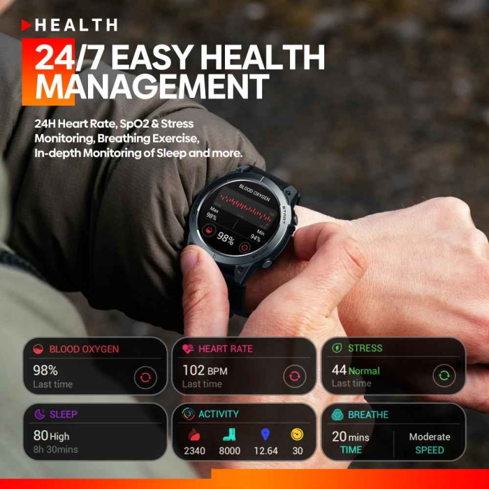 Smartwatch Zeblaze Stratos 3, Ecran AMOLED 1.43, GPS Integrat, Apeluri Bluetooth, Monitorizare Puls, SpO₂, Somn și Stres, Autonomie până la 7 zile [5]