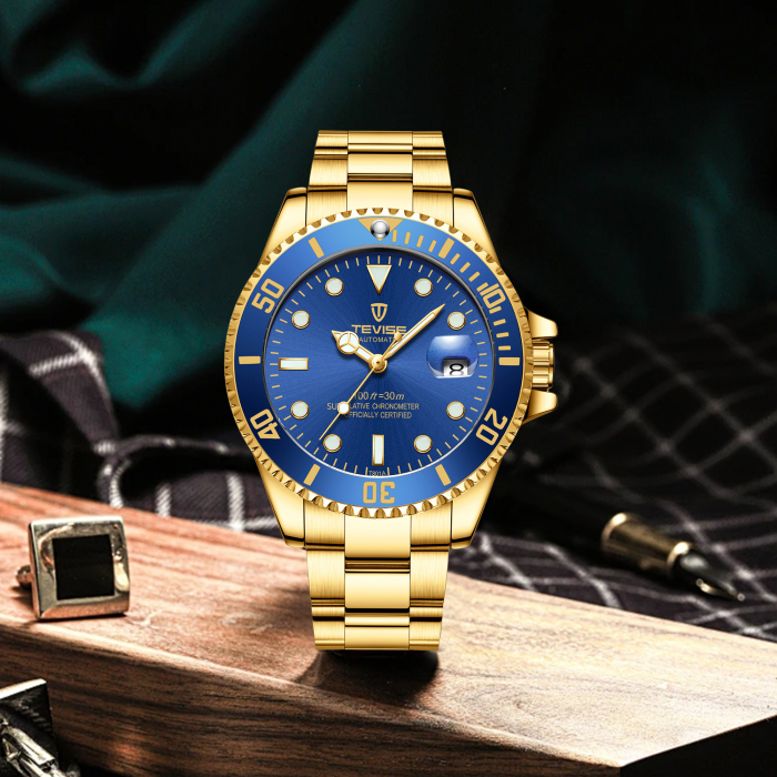 Tevise Ceas barbatesc de mana Clasic Mecanic Automatic Elegant Luxury Auriu Albastru [4]