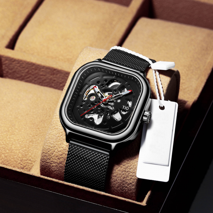 TIO Ceas mecanic automatic barbatesc Analog Negru Bratara reglabila [4]