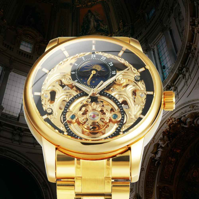 WINNER 514 Ceas Automat Bărbați Skeleton Gold, Tourbillon & Moon Phase [2]