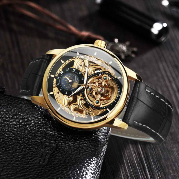 WINNER 514 Ceas Automat Bărbați Skeleton Gold, Tourbillon & Moon Phase [4]