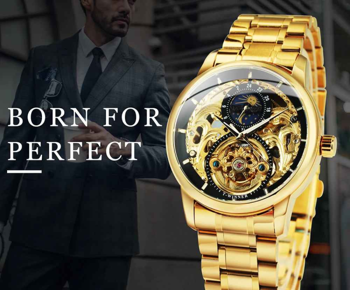 WINNER 514 Ceas Automat Bărbați Skeleton Gold, Tourbillon & Moon Phase [5]