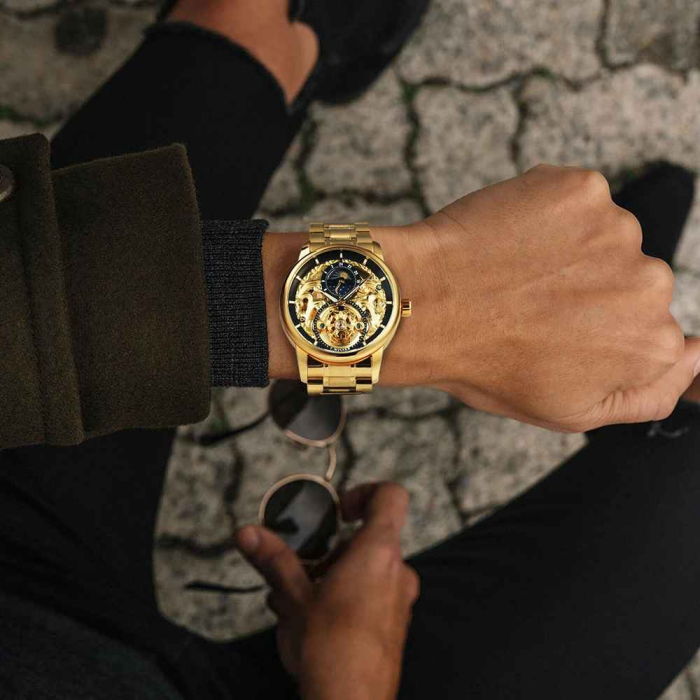 WINNER 514 Ceas Automat Bărbați Skeleton Gold, Tourbillon & Moon Phase [3]