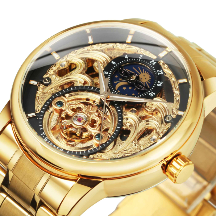 WINNER 514 Ceas Automat Bărbați Skeleton Gold, Tourbillon & Moon Phase [1]