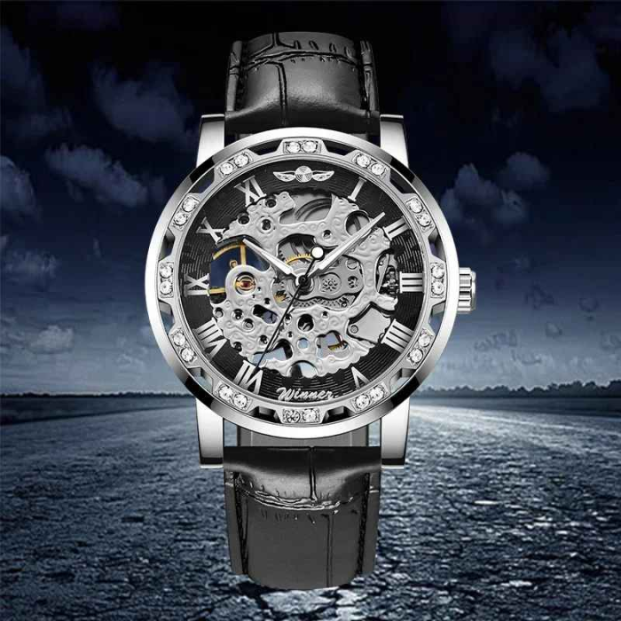 WINNER Ceas Mecanic Bărbați Skeleton Negru, Luminous, Brățară 24cm, Hardlex, 3ATM [6]