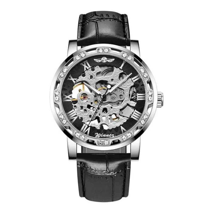 WINNER Ceas Mecanic Bărbați Skeleton Negru, Luminous, Brățară 24cm, Hardlex, 3ATM [1]
