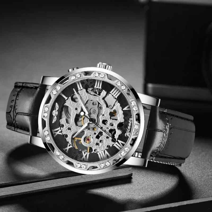 WINNER Ceas Mecanic Bărbați Skeleton Negru, Luminous, Brățară 24cm, Hardlex, 3ATM [2]