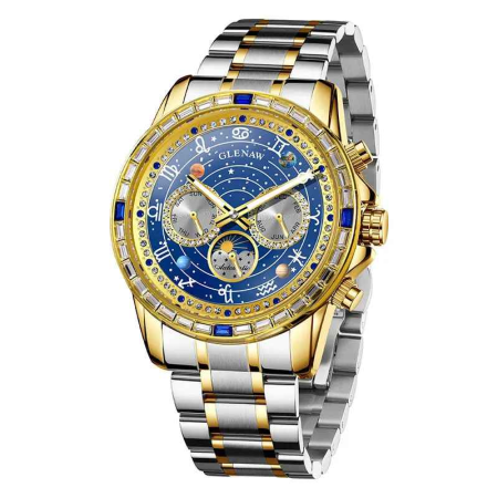 Ceasuri barbatesti - Ceas Automatic Glenaw Multifunctional Gold & Silver – Mecanic, Waterproof 3ATM, Luminous, Afisaj Luna/Saptamana/Zi-Noapte, 43mm