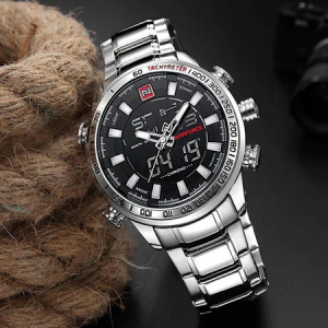 Ceas de mana barbatesc, Naviforce, Dual Time, Digital, Casual, Cronograf, Alarma, Curea din otel inoxidabil, Mecanism Quartz [3]