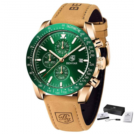 Benyar BY-5140 – Ceas bărbătesc sport, cronograf, cuarț, curea piele, waterproof 3ATM, dată automată, sticlă hardlex [1]