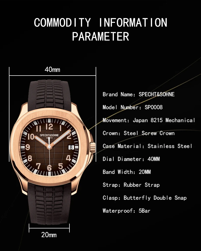 Ceas automat bărbătesc Specht & Sohne SP0008, cadran maro texturat, carcasă rose gold, 40mm, mecanism Japan 8215, curea cauciuc, 5ATM [2]