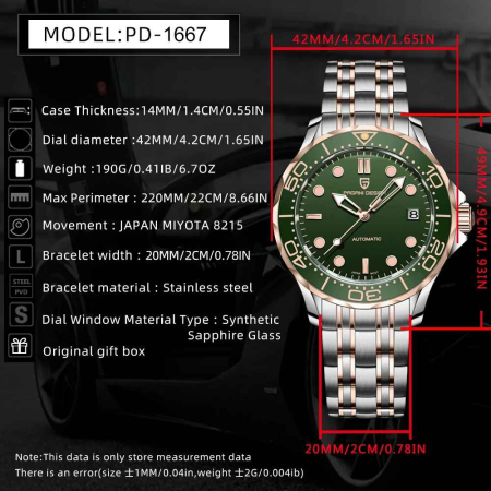 Ceas Automatic Bărbați Pagani Design PD-1667 Verde, 42mm, Miyota 8215, Sticlă Safir, Oțel Inoxidabil Argintiu & Rose Gold, Diver [2]