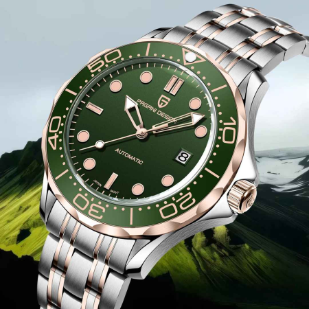 Ceas Automatic Bărbați Pagani Design PD-1667 Verde, 42mm, Miyota 8215, Sticlă Safir, Oțel Inoxidabil Argintiu & Rose Gold, Diver [6]