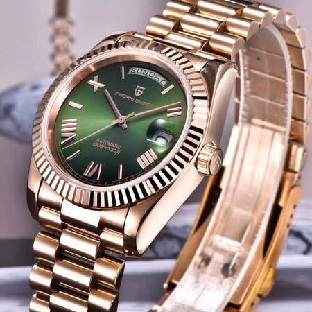Ceas Automatic Bărbați Pagani Design PD-1752 Verde & Auriu, 36mm, Seagull ST16, Day-Date, Sticlă Safir, Oțel Inoxidabil [5]