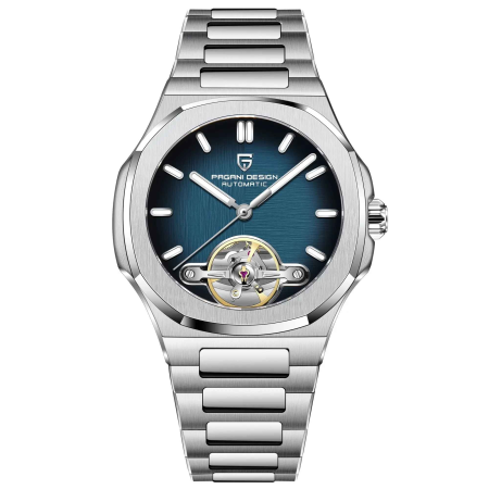 Ceasuri barbatesti - Ceas Automatic Bărbați Pagani Design PD-YS025 Argintiu-Albastru, 42mm, Open Heart, Sticlă Safir, Brățară Oțel Inoxidabil Premium