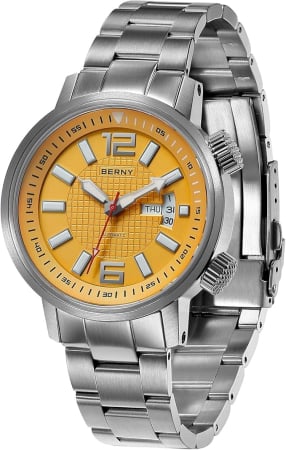 Ceasuri barbatesti - Ceas Automatic BERNY AM7081M Galben, Miyota 8205, Safir, Brățară Oțel, 200M