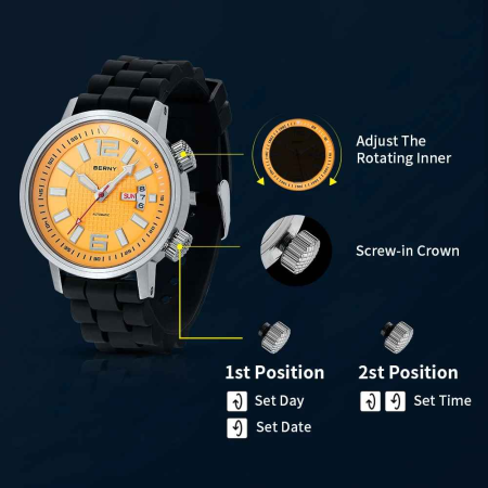Ceas Automatic BERNY AM7081M-YE Galben, Miyota 8205, Safir, 200M, 42mm [3]