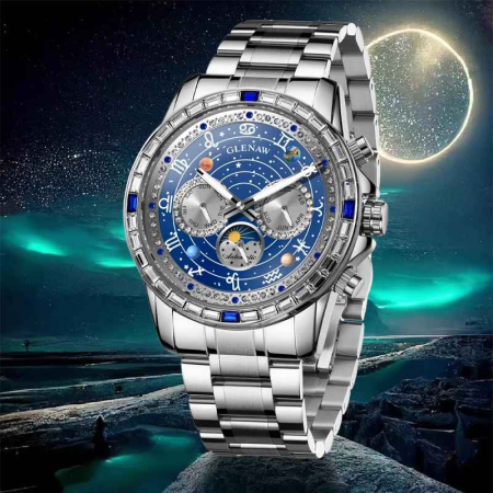 Ceas Automatic Glenaw Multifunctional Silver Blue – Mecanic, Cadran Albastru, Afisaj LunaSaptamanaZi-Noapte, Luminous, 3ATM, 43mm [1]