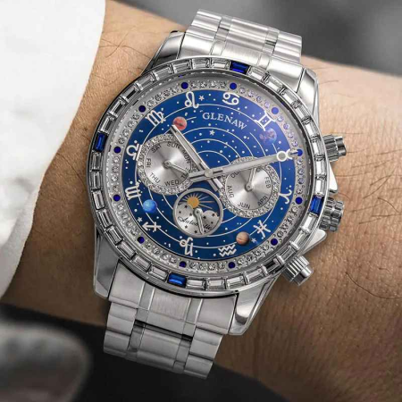 Ceas Automatic Glenaw Multifunctional Silver Blue – Mecanic, Cadran Albastru, Afisaj LunaSaptamanaZi-Noapte, Luminous, 3ATM, 43mm [2]