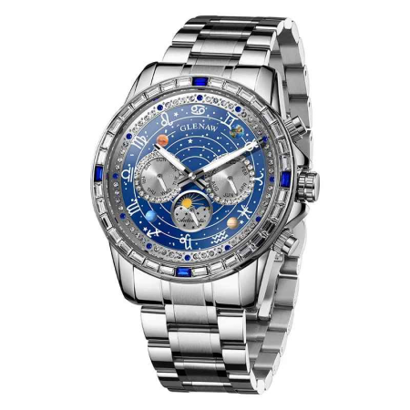 Ceasuri barbatesti - Ceas Automatic Glenaw Multifunctional Silver Blue – Mecanic, Cadran Albastru, Afisaj LunaSaptamanaZi-Noapte, Luminous, 3ATM, 43mm