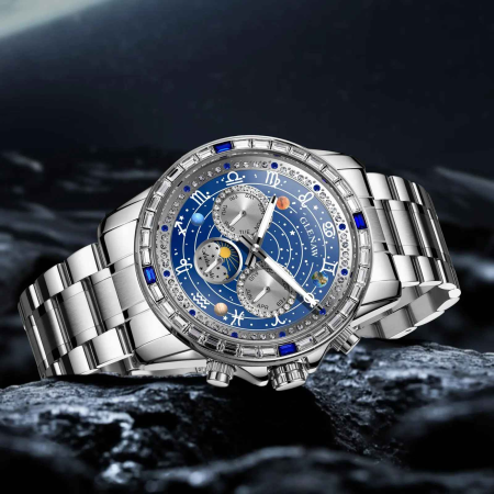 Ceas Automatic Glenaw Multifunctional Silver Blue – Mecanic, Cadran Albastru, Afisaj LunaSaptamanaZi-Noapte, Luminous, 3ATM, 43mm [5]