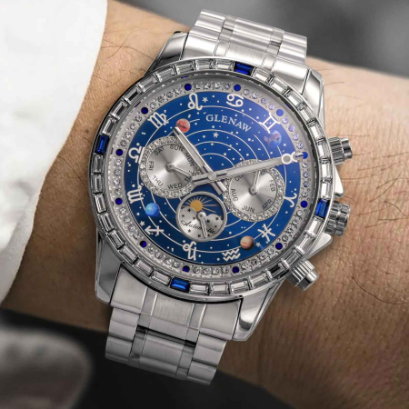 Ceas Automatic Glenaw Multifunctional Silver Blue – Mecanic, Cadran Albastru, Afisaj LunaSaptamanaZi-Noapte, Luminous, 3ATM, 43mm [4]