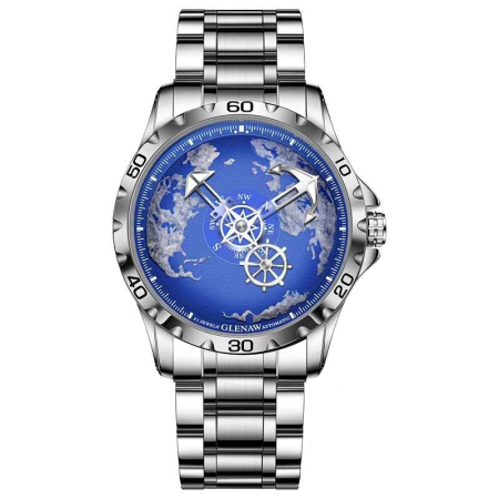 Ceasuri barbatesti - Ceas Automatic Glenaw Navigator Silver Blue – Mecanic, Cadran Albastru, Curea Otel Inoxidabil, 43mm, Luminous, 3ATM