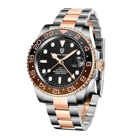 Ceasuri barbatesti - Ceas Automatic PAGANI DESIGN PD-1662 Rose Gold Black GMT, Pearl DG5833, Safir, 100M