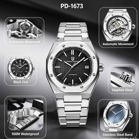Ceas Automatic PAGANI DESIGN PD-1673 Black, Miyota 8215, Safir, Oțel, 100M, 40mm [1]
