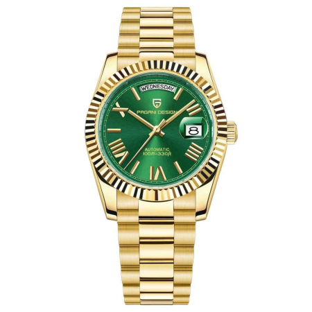 Modele noi - Ceas Automatic PAGANI DESIGN PD-1752 Gold Green Day-Date, Seagull ST16, Safir, 100M, 36mm