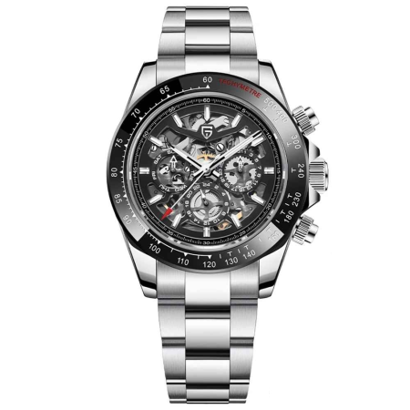 Ceasuri barbatesti - Ceas Automatic PAGANI DESIGN PD-1777 Silver Black Skeleton, HZ2196G, Safir, 100M, 40mm