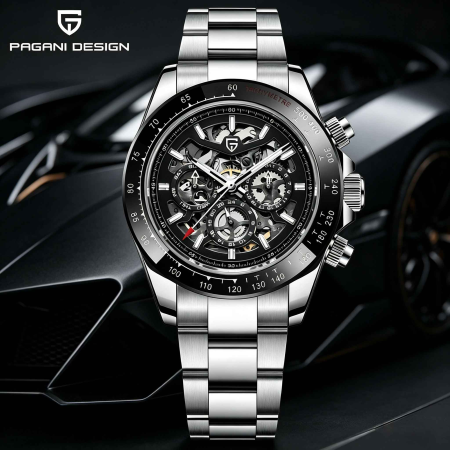 Ceas Automatic PAGANI DESIGN PD-1777 Silver Black Skeleton, HZ2196G, Safir, 100M, 40mm [3]